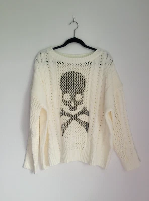 Suéter Grueso Tejido con Cable Estampado de Calavera Cuello Redondo Talla 4X Crema Grunge Gótico Punk Foto 1 de 4
