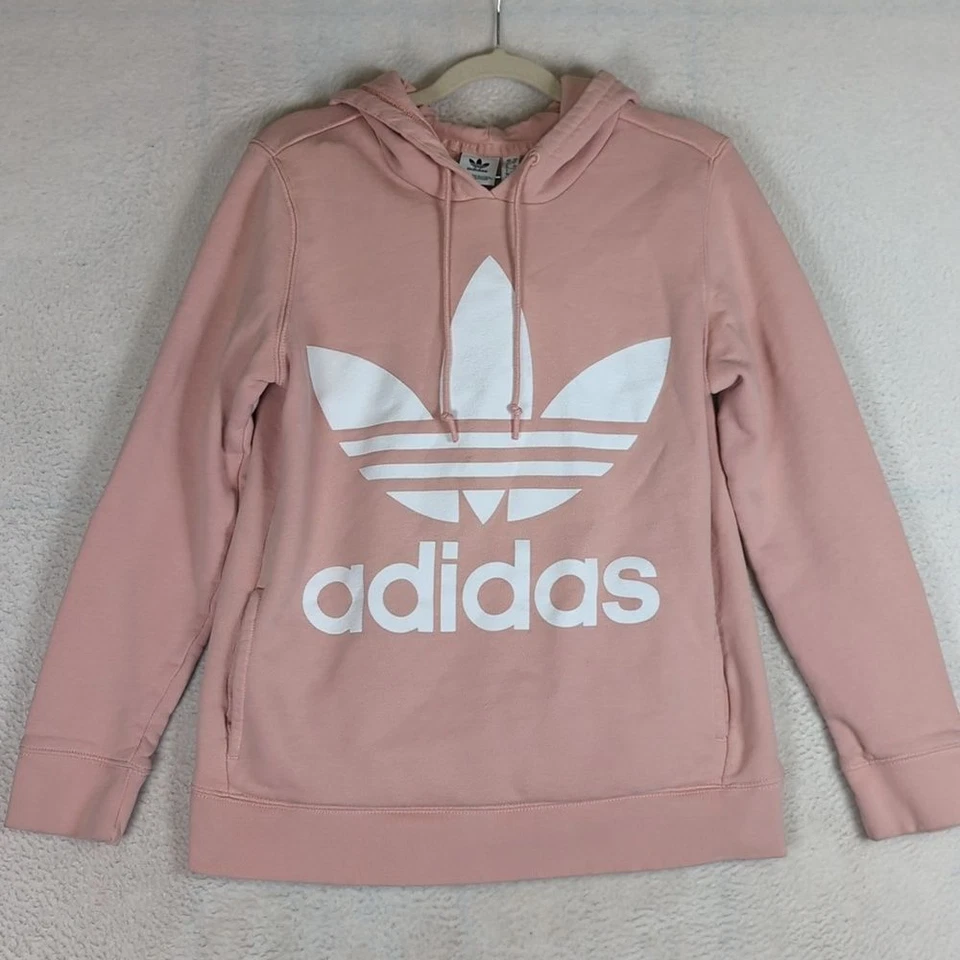 Adidas Women's Pink & White Logo Hooded Sweatshirt Size S - Image 1 of 4