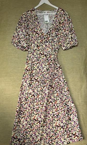 H&M Wrap Dress Size XL Floral Cotton V Neck Puff Sleeve Summer Casual Bright New - Picture 1 of 11