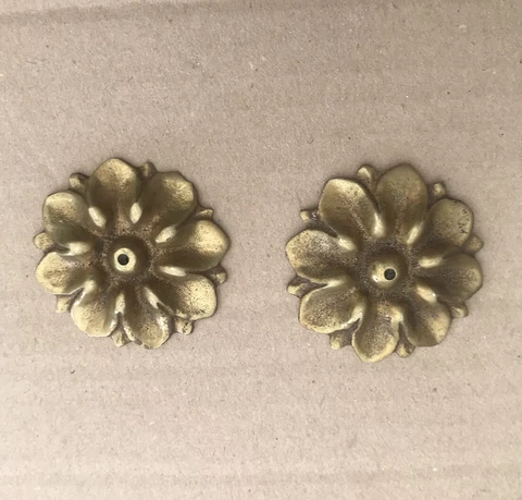 French Antique Gild Brass Furniture Pair 1 7/8”Decorative Applique Hardware Gold Cover