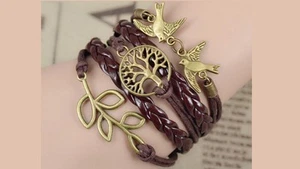 Brazalete marrón multicapa Life Tree Charms de cuero hecho a mano unisex para él, ella - Imagen 1 de 1