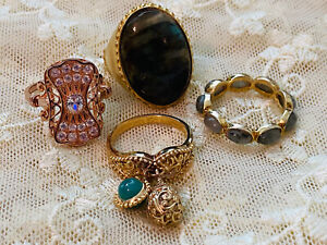 Lot of 4 Sterling Rings: Labradorite, Antique-Style, Charm Dangles, Filigree