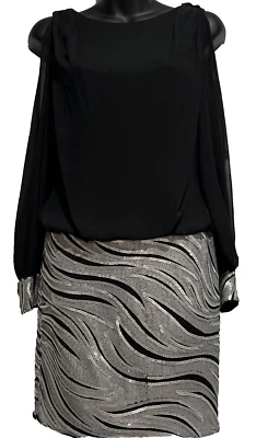 Caché Mini cocktail dress Sheer Bodice Sequin Skirt Cold  shoulder SIZE 0 Black - Image 1 of 4