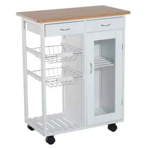 White Bamboo Quality Storage Cabinet And Wire Basket Kitchen Cart With Wheels - Picture 1 of 7