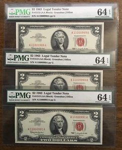 3 1963 $2 Two Dollar Banknotes Consecutive Serials  PMG 64 EPQ uncirculated - Picture 1 of 2