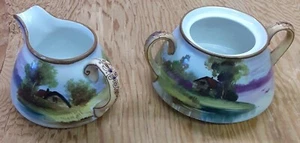 Antique Noritake M Creamer & Sugar Bowl Hand Painted Moriage Landscape Japan - Picture 1 of 24