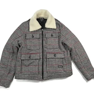 Hurley Houndstooth Winter Coat Jacket Womens Medium Plaid Sherpa Collar Trucker - Picture 1 of 12