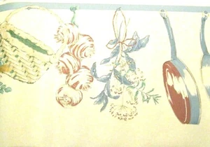 Wallpaper Border Country Kitchen Shelf Pans Herbs Bulbs Basket Blue Cream 242293 - Picture 1 of 2