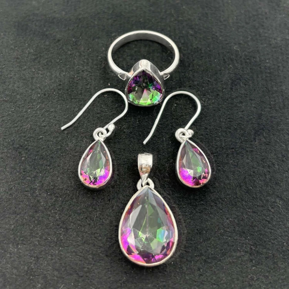Arco Iris Topacio Místico Plata 925 Hecho a Mano Anillo Pendiente Conjunto KJ-725 Foto 1 de 4