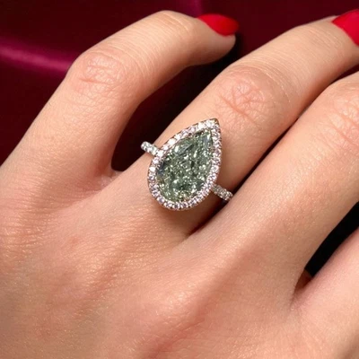 Gold Diamond Ring 4.40 Ct IGI Lab Grown Pear Cut Fancy Intense Green 14K White - Image 1 of 4