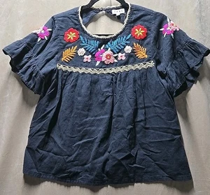 Camisa THML Floral Bordada Negra Top Manga Corta Talla L Anthropologie - Imagen 1 de 6