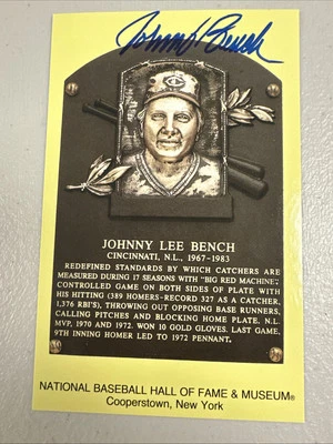Johnny Bench Signed Gold Plaque HOF Postcard Yellow Baseball Reds Autograph JSA - Image 1 of 2