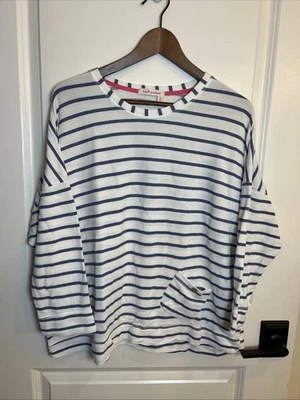 Fresh Produce 女式 O/S 蓝色白色条纹单口袋上衣衬衫航海海滩 — 第 1/4 张图片