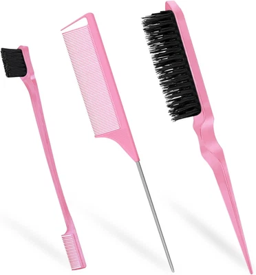 3-In-1 Slick Back & Edge Brush, Back Combing & Teasing Brush, Rat Tail Comb for  - Image 1 of 4
