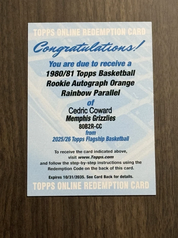 2025-26 Topps 1980/81 Rookie Auto Orange Rainbow Cedric Coward Redemption - Image 1 of 1