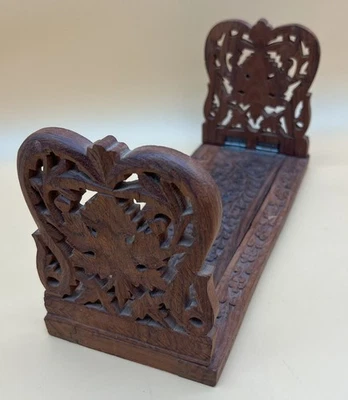 Hand Carved Ornate Wood Flower & Leaf Table Top Expandable Book Ends India Made - Image 1 of 4