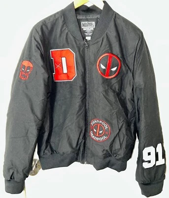 Chaqueta de bombardero universitaria Deadpool Marvel parches con cremallera negra para hombre talla L Foto 1 de 4