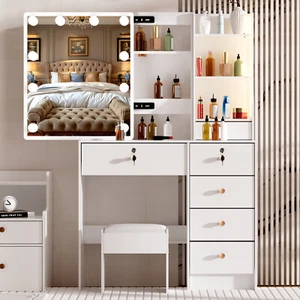 Nuevo Juego de Mesa de Tocador Espejo LED Escritorio de Maquillaje con Almacenamiento Más Amplio Cómoda Dormitorio - Imagen 1 de 7
