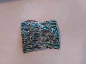 Beaded Elastic Hair Comb Stretchy Double Clip Turquoise & Silver Bead Design - Picture 1 of 2
