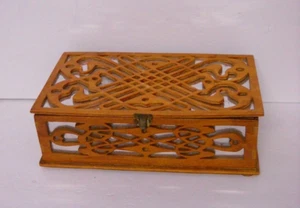 Antique Handmade Wood Fretwork Box, Sewing Jewelry, Carved Dovetail, Mirror Back - Picture 1 of 12