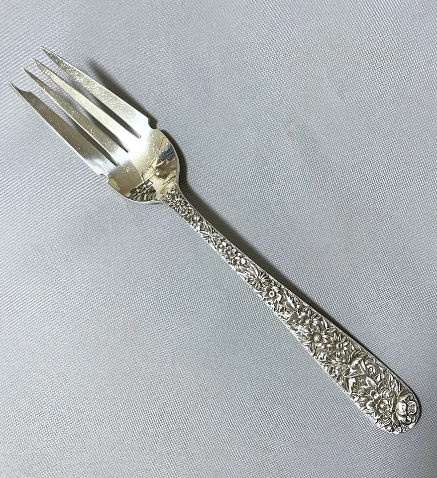 Antique KIRK REPOUSSE Sterling Silver 925/1000 Cold Meat Fork with Notch 9 1/4" - Image 1 of 4