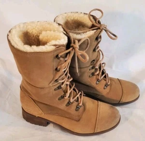 *UGG Combat Boots Women’s 9 Gradin Chestnut Suede Lace Up Fold Down Wool Lined - Picture 1 of 8