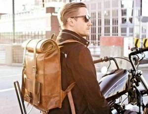 Roll Top Backpack Rucksack Rolling Bag Travel Bikers Bag in genuine leather New - Picture 1 of 7