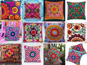 Wholesale 16" Square Suzani Cushion Cover Sequin Embroidered Pillow Case 5 Pcs