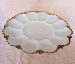 Vintage Milk Glass Deviled Egg Tray Trimmed in Gold - Picture 1 of 2