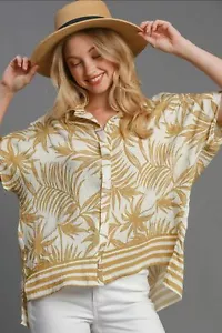 Umgee Full Size Tropical Print Button Down Shirt Plus Size - Picture 1 of 4