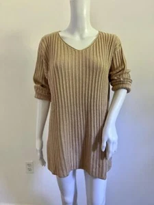 TSE CASHMERE Bergdorf Goodman Beige 100% Silk Wide Rib V Neck Tunic Sweater Sz M - Picture 1 of 8