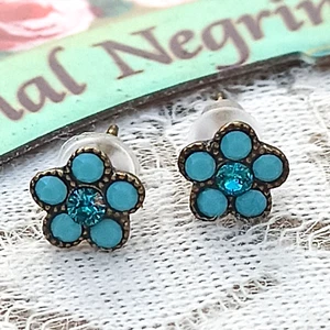 Michal Negrin Earrings Small Post & Turquoise Crystals Romantic Flower Gift New - Picture 1 of 12
