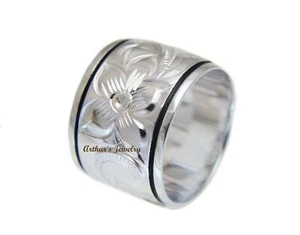 15MM SILVER 925 HAWAIIAN RING PLUMERIA FLOWER SCROLL BLACK BORDER LINE ENAMEL - Picture 1 of 6