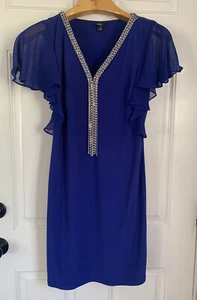 MSK Womens Blue Chandelier Necklace Cocktail Dress with Flutter Sleeve Size S - Picture 1 of 8
