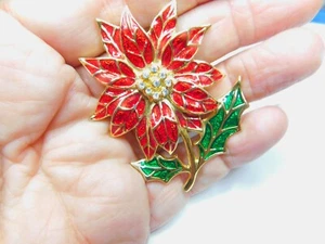 Broche Vintage Navidad Flor de Pascua Esmalte Rojo Verde Transparente Estrás Tono Dorado - Imagen 1 de 6