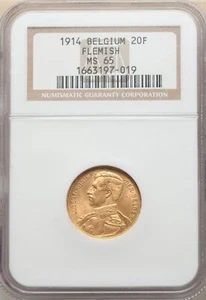 BELGIUM , GOLD 20 FRANCS 1914 POSITION B - FLEMISH -  NGC MS 65 ,,, RARE5 - Picture 1 of 2