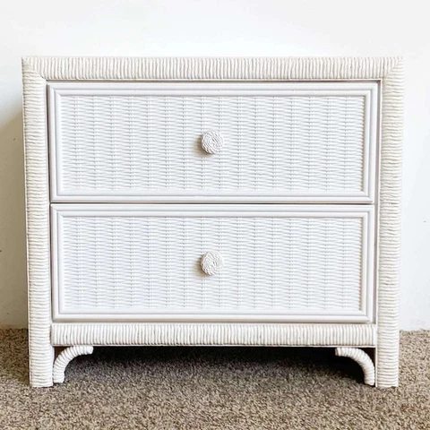 White Boho Faux Wicker and Rattan Nightstand/Side Table Cover