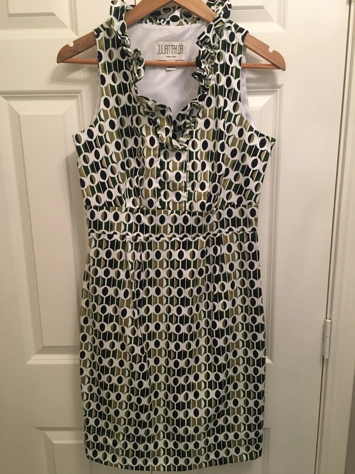 Vestido lápiz ajustado Julian Taylor cuello con volantes verde negro geométrico talla 6 ¡EXCELENTE ESTADO USADO! Foto 1 de 4