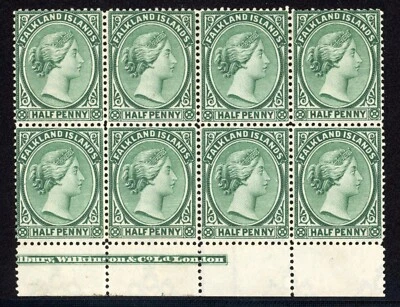 Islas Malvinas 1892 Scott# 9 bloque de ocho con placa de pieza impresión como nuevo sin goma Foto 1 de 2