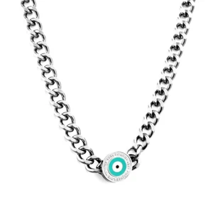 Silver Stainless Steel Green Evil Eye Charm Necklace Pendant - Picture 1 of 6