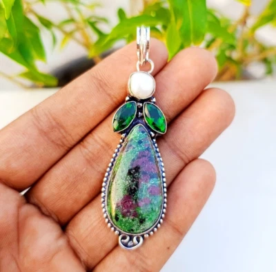 Jasper With Peridot Pearl Gemstone Pendant 925 Sterling Silver Handmade Jewelry - Image 1 of 4