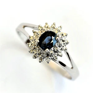 Natural Sapphire and 28 Diamonds in 9K White Gold Ring Size Q Gift Boxed NEW - Picture 1 of 13