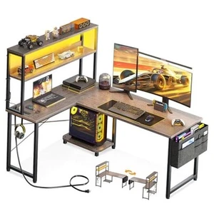  L Shaped Desk Gaming Desk with LED Light & Power Outlet, 53 53 inch Grey Oak - Picture 1 of 7