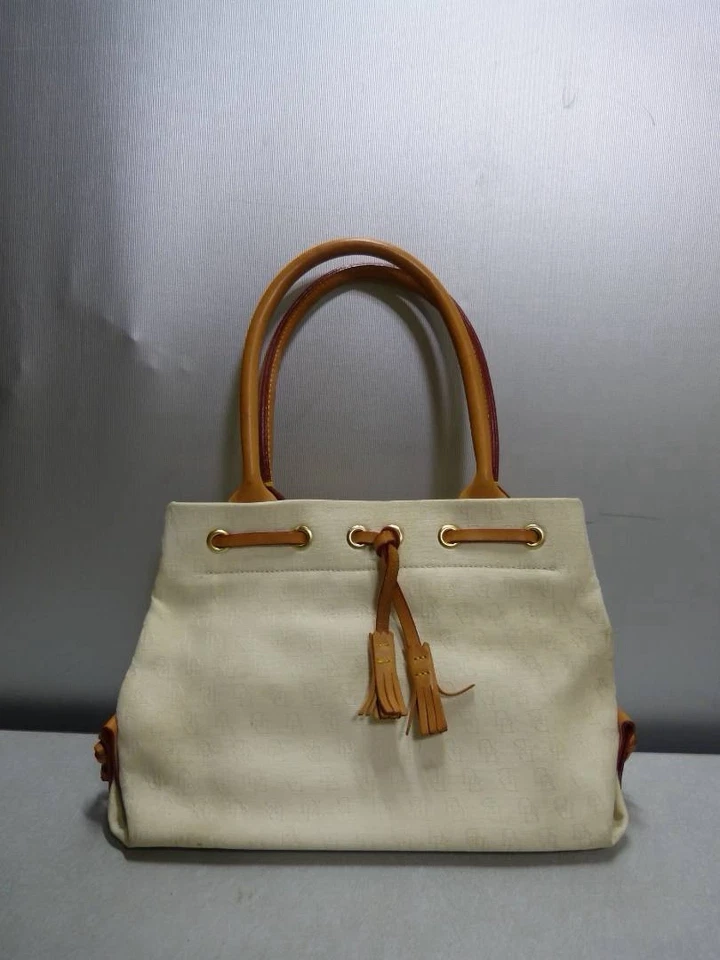 Bolso de Mano Vintage DOONEY & BOURKE Crema Logo Lona - Borde de Cuero Tostado Foto 1 de 4