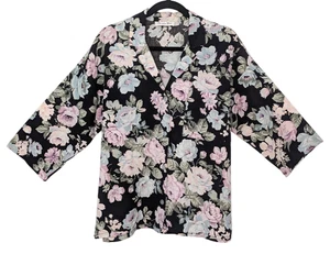 Vintage 1980s Christian Dior Blouse Women's Floral Size Small ILGWU Black Pink - Picture 1 of 9