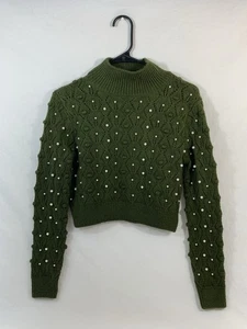 NWT Women's ZARA Green & Pearl Accent Cropped Open Back Sweater Top Size M - Picture 1 of 10
