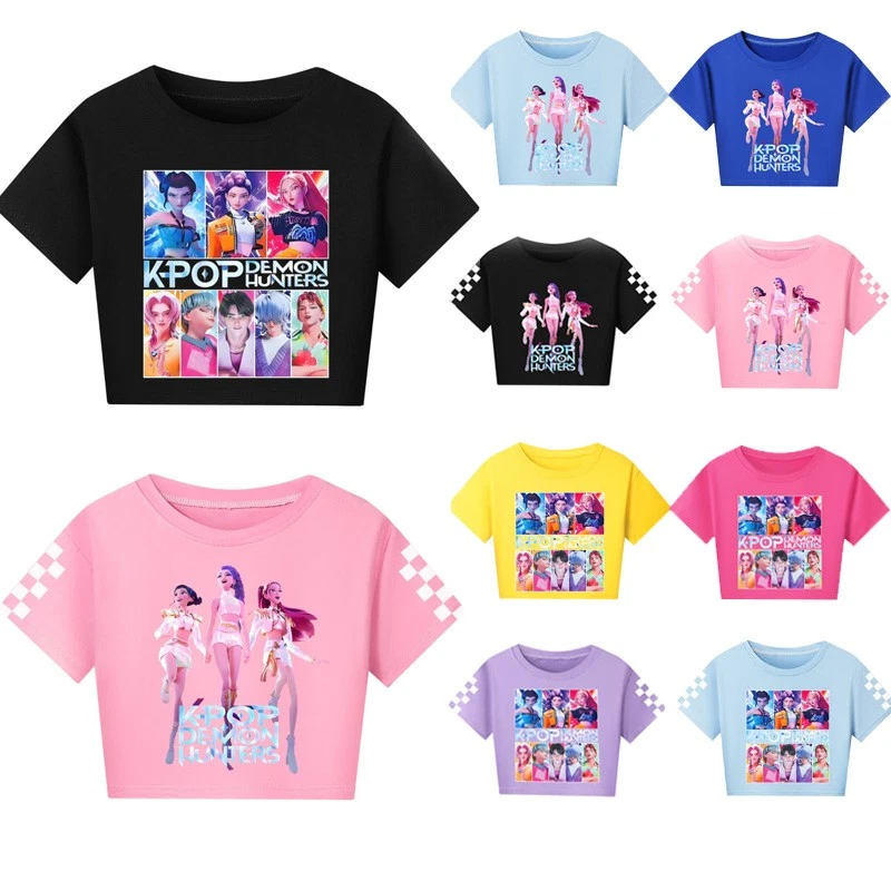 Girls Devil Hunters Crop Top Tee Kids Casual Kpop Music Short Sleeve T-Shirts - Image 1 of 4