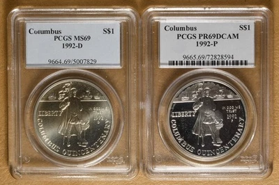 1992 Unc & Proof Columbus Commemorative Silver Dollars PCGS MS69 & PR69DCAM - Image 1 of 2