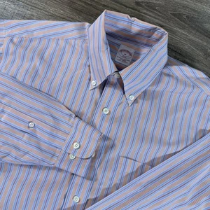 Brooks Brothers shirt Mens Medium Orange Blue Stripe Dress Work Casual Tech - Picture 1 of 13