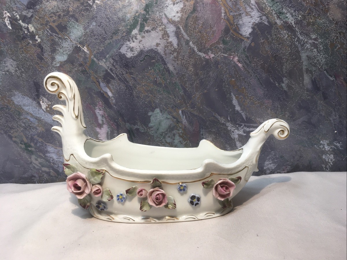 Vintage Floral Nautical Planter Decorative White Boat Shaped Japan